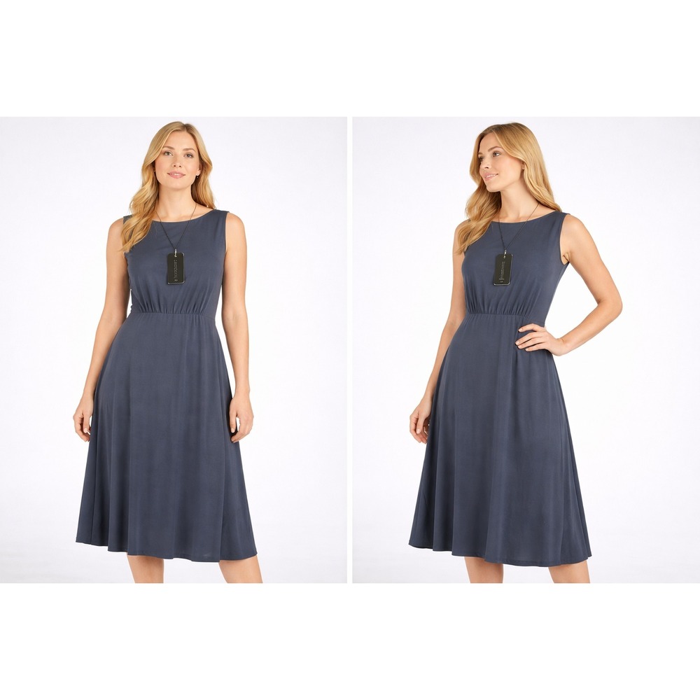 Tahari Women Dress Large Navy Blue Midi Sleeveless Fit Flare Minimalist Classic
